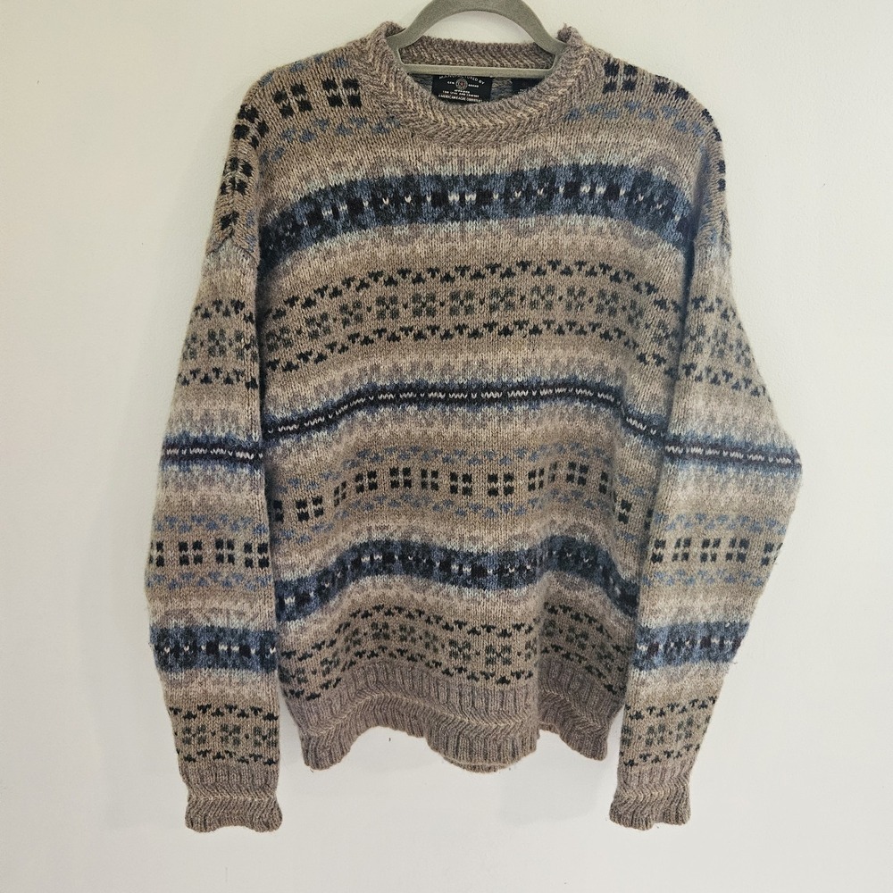 Vintage 90s American Eagle XL Wool Silk Sweater Green Brown Fair Isle Nortic